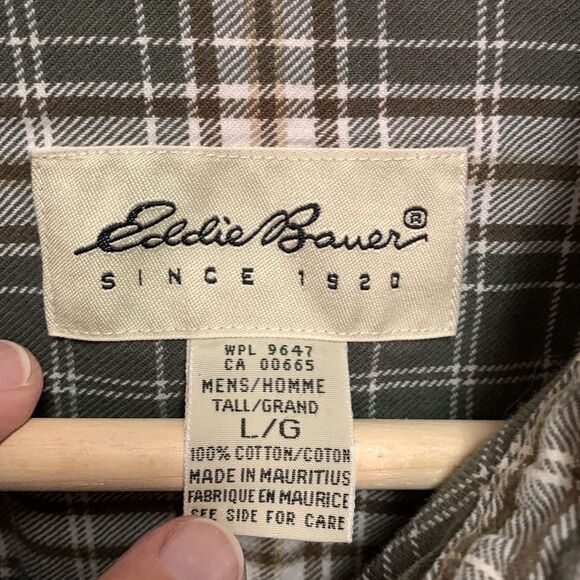 Eddie Bauer Favorite Ivory Green Plaid LS Relaxed Fit Flannel Shirt Size LTall - Picture 5 of 8